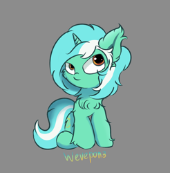 Size: 1116x1132 | Tagged: safe, artist:wevepon3, imported from derpibooru, lyra heartstrings, fluffy pony, pony, unicorn, cheek fluff, cute, ear fluff, female, fluffy, gray background, leg fluff, lowres, mare, simple background, sitting, smiling, solo