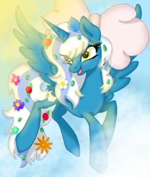 Size: 720x853 | Tagged: safe, artist:dekuto300, imported from derpibooru, oc, oc:fleurbelle, alicorn, pony, adorabelle, alicorn oc, bow, cute, female, flower, flower in hair, flying, hair bow, horn, mare, ocbetes, wings, yellow eyes