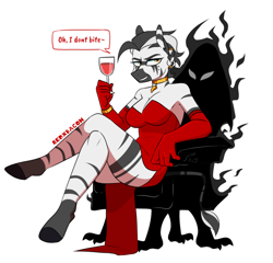 Size: 1280x1229 | Tagged: safe, artist:redxbacon, imported from derpibooru, oc, oc only, oc:shauri, anthro, unguligrade anthro, zebra, alcohol, breasts, chair, cleavage, clothes, crossed legs, dialogue, dress, glass, looking at you, red clothes, red dress, red gloves, red wine, sitting, solo, throne, wine, wine glass