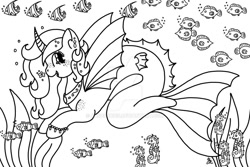 Size: 1024x686 | Tagged: safe, artist:angelskies, imported from derpibooru, oc, oc only, alicorn, fish, merpony, pony, seahorse, seapony (g4), black and white, bubble, deviantart watermark, dorsal fin, fin wings, fish tail, flowing tail, grayscale, horn, jewelry, monochrome, necklace, obtrusive watermark, ocean, open mouth, seaponified, seaweed, signature, smiling, solo, species swap, tail, underwater, water, watermark, wings