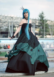 Size: 714x1024 | Tagged: safe, artist:renshuher, imported from derpibooru, queen chrysalis, human, bare shoulders, clothes, cosplay, costume, irl, irl human, photo, rubronycon, rubronycon 2015