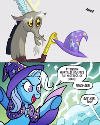 Size: 3277x4096 | Tagged: safe, artist:tonyfleecs, edit, editor:zcord, imported from derpibooru, discord, trixie, draconequus, pony, spoiler:comic, spoiler:comic97, clothes, dialogue, female, hat, high res, implied shipping, implied transformation, lightning, male, shipping, signature, story included, trixie's hat