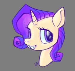 Size: 637x595 | Tagged: safe, artist:villainappie, imported from derpibooru, rarity, pony, unicorn, bust, gray background, simple background, smiling, solo