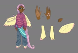 Size: 1864x1259 | Tagged: safe, artist:villainappie, imported from derpibooru, fluttershy, human, pegasus, satyr, alternative cutie mark placement, clothes, dark skin, gray background, hooves, pants, sarong, satyrized, simple background, solo, sweater, sweatershy, wings
