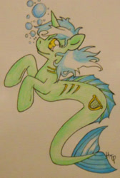Size: 406x603 | Tagged: safe, artist:haterthepony, imported from derpibooru, lyra heartstrings, merpony, pony, sea pony, seapony (g4), unicorn, bubble, dorsal fin, female, fish tail, flowing mane, flowing tail, gills, horn, looking up, seaponified, seapony lyra, simple background, smiling, solo, species swap, tail, traditional art, white background, yellow eyes