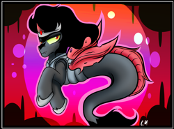 Size: 2040x1513 | Tagged: safe, artist:chaosmauser, imported from derpibooru, merpony, pony, seapony (g4), unicorn, black mane, bubble, crown, deviantart watermark, fangs, fin wings, fish tail, hoof shoes, horn, jewelry, male, obtrusive watermark, red background, red eyes, regalia, seaponified, simple background, solo, species swap, stallion, tail, underwater, water, watermark, wings