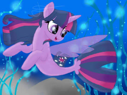 Size: 960x720 | Tagged: safe, artist:lightstar2001, imported from derpibooru, twilight sparkle, alicorn, pony, seapony (g4), bioluminescent, bubble, deviantart watermark, dorsal fin, female, fin wings, fish tail, flowing mane, flowing tail, horn, obtrusive watermark, ocean, open mouth, purple eyes, seaponified, seapony twilight, seaweed, smiling, solo, species swap, tail, twilight sparkle (alicorn), underwater, water, watermark, wings