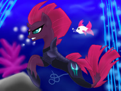 Size: 960x720 | Tagged: safe, artist:lightstar2001, imported from derpibooru, tempest shadow, fish, pony, seapony (g4), unicorn, bubble, clothes, coral, deviantart watermark, dorsal fin, female, fish tail, flowing tail, green eyes, hoof shoes, obtrusive watermark, ocean, red mane, rock, seaponified, seapony tempest shadow, signature, solo, species swap, swimming, tail, teeth, underwater, water, watermark