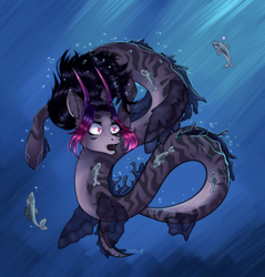 Size: 1080x1128 | Tagged: safe, artist:yunlo, imported from derpibooru, oc, oc only, fish, hybrid, merpony, sea pony, bubble, crepuscular rays, dorsal fin, fangs, fins, flowing mane, horns, ocean, open mouth, solo, swimming, underwater, water, wingding eyes