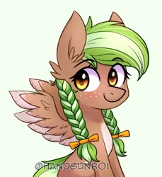 Size: 692x757 | Tagged: safe, artist:handgunboi, imported from derpibooru, oc, oc only, oc:sylvia evergreen, pegasus, pony, blushing, bow, ear fluff, freckles, looking away, pale belly, simple background, solo, spread wings, two toned mane, two toned tail, two toned wings, white belly, wings