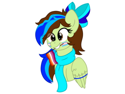 Size: 2160x1620 | Tagged: safe, artist:froyo15sugarblast, imported from derpibooru, oc, oc:epsi, pegasus, pony, bow, clothes, face paint, female, halfbody, lesbian, looking at you, multicolored hair, pride, pride flag, procreate app, requested art, scarf, simple background, smiling, solo, trans female, transgender, transgender pride flag, white background