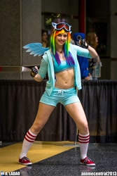 Size: 640x960 | Tagged: safe, imported from derpibooru, rainbow dash, human, belly button, clothes, cosplay, costume, goggles, irl, irl human, photo, shorts