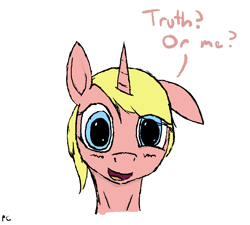 Size: 896x806 | Tagged: safe, artist:pinkchalk, oc, oc only, oc:dared step, pony, unicorn, bust, dialogue, featured image, floppy ears, horn, looking at you, one ear down, open mouth, portrait, simple background, smiling, solo, talking to viewer, unicorn oc, white background