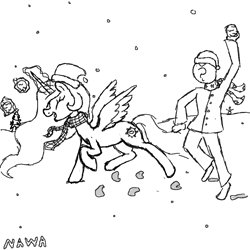 Size: 1000x1000 | Tagged: safe, artist:notawriteranon, princess celestia, oc, oc:anon, alicorn, pony, christmas, clothes, duo, eyes closed, hat, holiday, hoofprints, human and pony, monochrome, open mouth, running, santa hat, scarf, sketch, smiling, snow, snowball fight, snowballs, snowman, spread wings, tree, wings