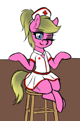 Size: 564x854 | Tagged: safe, oc, oc only, earth pony, pony, clothes, hat, lipstick, nurse, one eye closed, sitting, skirt, smiling, stool, wink, winking at you