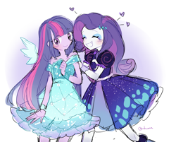 Size: 800x644 | Tagged: safe, artist:rinn11201, imported from twibooru, rarity, twilight sparkle, canterlot boutique, equestria girls, clothes, dress, heart, image, png, princess dress