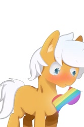 Size: 395x596 | Tagged: safe, alternate version, artist:mireil31, imported from derpibooru, oc, oc:breezy brown, blue eyes, blushing, brown fur, lgbt flag, looking away, lowres, pride flag, rainbow flag, shy, simple background, white background, white hair, white mane