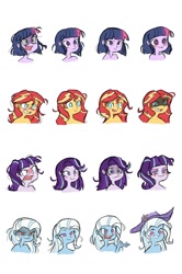 Size: 1200x1810 | Tagged: safe, artist:omnia_blair, imported from twibooru, starlight glimmer, sunset shimmer, trixie, twilight sparkle, equestria girls, angry, blushing, happy, image, needs more jpeg, sad, simple background, surprised, white background, worried