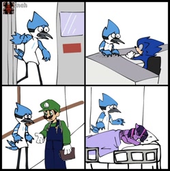 Size: 843x847 | Tagged: safe, artist:swivelstarsong, imported from derpibooru, twilight sparkle, alicorn, bird, blue jay, hedgehog, human, pony, bed, comic, crossover, crossover shipping, female, hospital, loss (meme), luigi, male, mare, meme, meme crossover, meme overload, mordecai, mordetwi, regular show, shipping, sonic the hedgehog, sonic the hedgehog (series), straight, twilight sparkle (alicorn)