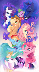 Size: 665x1201 | Tagged: safe, artist:jumblehorse, imported from twibooru, applejack, fluttershy, pinkie pie, princess celestia, princess luna, rainbow dash, rarity, spike, twilight sparkle, fire ruby, gem, image, mane seven, mane six, needs more jpeg, ruby