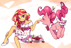 Size: 1083x738 | Tagged: safe, artist:jumblehorse, imported from twibooru, pinkie pie, sunset shimmer, equestria girls, boop, bowtie, cherry, clothes, dress, food, image, needs more jpeg, shoes