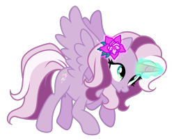 Size: 3820x3078 | Tagged: safe, artist:equmoria, derpibooru exclusive, imported from derpibooru, wysteria, alicorn, pony, the princess promenade, absurd resolution, alicornified, female, flower, flower in hair, g3, g3 to g4, g4, generation leap, glowing horn, high res, horn, magic, magic aura, mare, o, o mouth, open mouth, princess wysteria, race swap, show accurate, simple background, solo, spread wings, transparent background, vector, wings, wysteriacorn