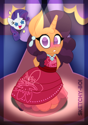 Size: 2400x3400 | Tagged: safe, artist:snakeythingy, imported from derpibooru, rarity, saffron masala, pony, unicorn, bipedal, blushing, clothes, dress, fancy, fancy dress, fashion show, high res, starry eyes, story included, wingding eyes