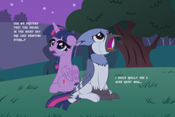 Size: 4096x2750 | Tagged: safe, artist:xleadmarex, imported from derpibooru, twilight sparkle, alicorn, bird, blue jay, griffon, pony, aeroplanes and meteor showers, airplanes (song), b.o.b., beak, branches, bush, crest, crossover, crossover shipping, crying, cute, depressed, depressing, depression, duo, duo focus, earless, ears, eye, eyelashes, eyes, eyes open, feather, female, field, fields, floppy ears, fluffy, folded, folded wings, font, forest, forest background, fur, grass, grass field, griffonized, hair, hayley williams, head, heart eyes, hill, joke, leaf, leaves, looking up, lyrics, male, mane, mare, meme, mordecai, mordetwi, muzzle, night, nose, redraw mordetwi meme, regular show, sad, sadness, sadorable, shipping, show accurate, shrub, simple background, singing, sitting, sky, snout, song, song reference, species swap, starry night, stars, straight, tears of pain, tears of sadness, teary eyes, text, tree, tree branch, twig, twilight sparkle (alicorn), wall of tags, wingding eyes, wings