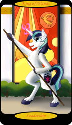 Size: 1500x2591 | Tagged: safe, artist:sixes&sevens, imported from derpibooru, part of a set, shining armor, pony, unicorn, bipedal, bipedal leaning, bush, glowing horn, horn, king of wands, leaning, magic, magic aura, male, minor arcana, outdoors, solo, staff, stained glass, stallion, tarot card