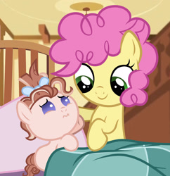 Size: 1600x1650 | Tagged: safe, artist:magicstarshine12, imported from derpibooru, li'l cheese, pony, the last problem, baby, baby pony, bed, big brother, blanket, colt, duo, female, filly, male, offspring, parent:cheese sandwich, parent:pinkie pie, parents:cheesepie, siblings, smiling