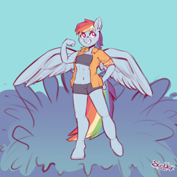 Size: 4048x4048 | Tagged: safe, artist:scribleydoodles, imported from derpibooru, rainbow dash, anthro, pegasus, unguligrade anthro, abs, belly button, blue background, clothes, ear piercing, earring, female, grin, jewelry, muscles, piercing, shirt, shorts, simple background, smiling, solo, sports bra, sports shorts, summer, water