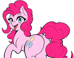 Size: 3931x3072 | Tagged: safe, artist:tre, color edit, edit, editor:datzigga, imported from derpibooru, pinkie pie, earth pony, pony, balloonbutt, butt, colored, dock, fangs, female, high res, looking at you, mare, open mouth, plot, raised hoof, simple background, smiling, solo, tongue out