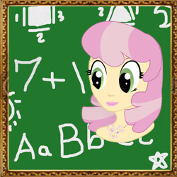 Size: 1920x1920 | Tagged: safe, artist:sarastudly, imported from derpibooru, cheerilee, human, alternative cutie mark placement, bust, chalkboard, eyelashes, female, humanized, smiling, solo