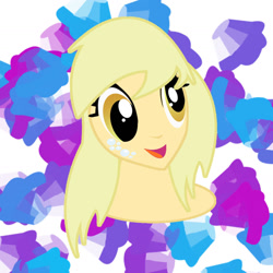 Size: 1440x1440 | Tagged: safe, artist:sarastudly, imported from derpibooru, derpy hooves, human, :d, abstract background, alternative cutie mark placement, bust, female, humanized, open mouth, smiling, solo