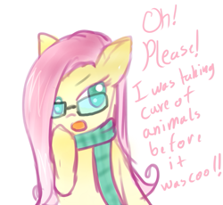Size: 777x714 | Tagged: safe, artist:pinkcloverprincess, imported from derpibooru, fluttershy, pegasus, pony, alternate hairstyle, clothes, glasses, hipster, hipstershy, scarf, simple background, solo, talking, white background
