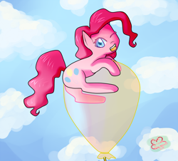 Size: 1500x1358 | Tagged: safe, artist:pinkcloverprincess, imported from derpibooru, pinkie pie, earth pony, pony, balloon, cloud, female, floating, mare, one eye closed, outdoors, solo, that pony sure does love balloons, then watch her balloons lift her up to the sky, wink