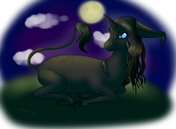 Size: 880x643 | Tagged: safe, artist:pinkcloverprincess, imported from derpibooru, oc, oc only, pony, unicorn, cloud, full moon, horn, leonine tail, lying down, moon, night, outdoors, prone, simple background, solo, transparent background, unicorn oc