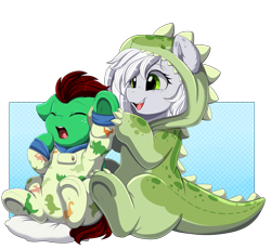 Size: 3487x3209 | Tagged: safe, artist:pridark, imported from derpibooru, oc, oc only, oc:fossil fluster, oc:northern haste, earth pony, pegasus, pony, animal costume, animal onesie, babysitting, clothes, colt, costume, dinosaur costume, eyes closed, footed sleeper, frog (hoof), high res, kigurumi, male, onesie, open mouth, open smile, pajamas, smiling, underhoof, yawn