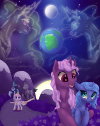 Size: 1280x1600 | Tagged: safe, artist:shaslan, imported from derpibooru, princess celestia, princess luna, oc, alicorn, pony, unicorn, moon, younger