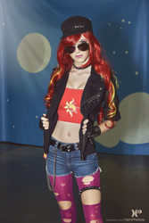 Size: 1365x2048 | Tagged: safe, artist:xen photography, imported from derpibooru, sunset shimmer, human, bronycon, bronycon 2015, belly button, clothes, cosplay, costume, cutie mark on clothes, fingerless gloves, gloves, irl, irl human, photo, sunglasses