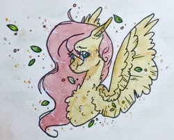 Size: 1096x881 | Tagged: safe, artist:valiaanimation, imported from derpibooru, fluttershy, pegasus, pony, bust, chest fluff, cute, ear fluff, female, leaf, mare, portrait, shyabetes, solo, spread wings, traditional art, watercolor painting, wings