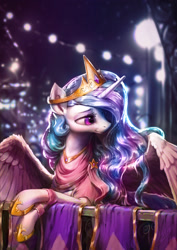 Size: 1702x2400 | Tagged: safe, artist:assasinmonkey, color edit, colorist:xbi, edit, editor:xbi, imported from derpibooru, princess celestia, alicorn, pony, balcony, beautiful, bedroom eyes, black and white, clothes, colored, crown, dress, eyeshadow, female, grayscale, hoof shoes, jewelry, lidded eyes, lying down, makeup, mare, monochrome, necklace, prone, regalia, scenery, solo, spread wings, wings