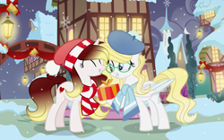 Size: 4000x2500 | Tagged: safe, artist:darbypop1, imported from derpibooru, oc, oc only, oc:destiny blood, oc:grafe, pegasus, pony, beret, clothes, female, glasses, hat, lantern, mare, present, scarf, snow, snowfall