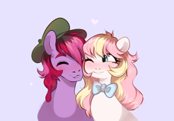 Size: 3600x2487 | Tagged: safe, imported from derpibooru, oc, oc only, oc:jelly, oc:ninny, bowtie, bust, cheek squish, couple, cuddling, eyebrows, freckles, hat, high res, one eye closed, simple background, snuggling, squishy cheeks