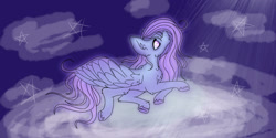 Size: 1263x633 | Tagged: safe, artist:ukulelepineapplecat, imported from derpibooru, oc, pegasus, pony, cloud, female, looking up, lying down, mare, on a cloud, pegasus oc, prone, wings