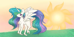 Size: 1263x633 | Tagged: safe, artist:ukulelepineapplecat, imported from derpibooru, princess celestia, alicorn, pony, female, horn, mare, outdoors, solo, wings