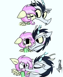 Size: 1080x1304 | Tagged: safe, artist:derpy13, imported from derpibooru, part of a set, discord, fluttershy, big eyes, blushing, comic, discoshy, female, kissing, looking at each other, male, shipping, signature, simple background, straight, white background