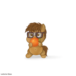 Size: 2048x2048 | Tagged: safe, alternate version, artist:ledwine glass, imported from derpibooru, oc, oc only, oc:matrixtube, earth pony, pony, chibi, chubby, eating, food, glasses, herbivore, high res, male, messy mane, nerd, nerd pony, nom, orange, solo, stallion