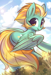 Size: 2020x3000 | Tagged: safe, artist:mirroredsea, imported from derpibooru, lightning dust, pegasus, pony, butt, cloud, cute, dustabetes, female, grass, high res, mare, plot, sky, smiling, solo, spread wings, sun, transparent tail, transparent wings, wings