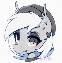 Size: 576x587 | Tagged: safe, artist:puetsua, imported from derpibooru, oc, oc only, oc:chalk white, bat pony, pony, beret, ear piercing, earring, fangs, hat, jewelry, piercing, simple background, solo, white background